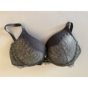 Victoria’s Secret 34D Dream Angels Metallic Lace Bra NWOT Gray Silver